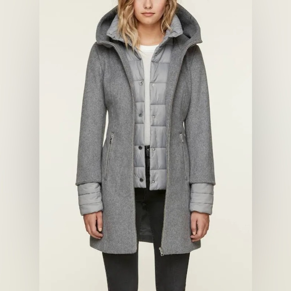 NWT Soia & Kyo Rooney Hooded Mixed Media Coat in‎ Ash Grey Large